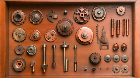 A stunning vintage collection of mechanical gears and parts arranged on a wooden background, showcasing intricate designs and craftsmanship in metalwork.の素材