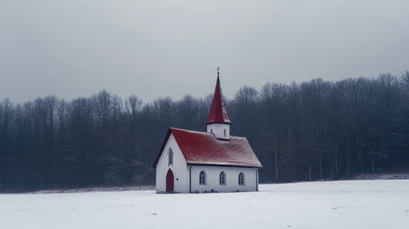 An enchanting winter scene featuring a quaint red-roofed church surrounded by a serene snowy landscape, evoking feelings of tranquility and peacefulness.の素材