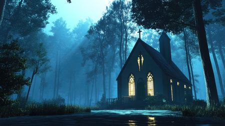 A hauntingly beautiful view of a church surrounded by tall trees in a misty forest. The ethereal lighting from the windows adds to the mystical atmosphere.の素材