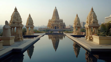 Majestic temple architecture stands tall against a serene dusk sky, perfectly mirrored in calm waters. This scene captures the essence of tranquility and spirituality.の素材