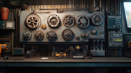 A close-up view of a rustic industrial workshop showcasing a variety of gears and tools arranged on the wall. Perfect for projects emphasizing craftsmanship and technology.の素材