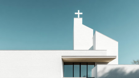 A striking modern church featuring minimalist architecture and a prominent cross against a vibrant blue sky. The clean lines and serene atmosphere invite reflection.の素材