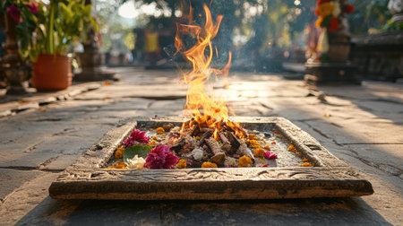 A vibrant sacred fire ritual with floral offerings captures a moment of spirituality and tradition. The flames dance gracefully, surrounded by colorful flowers, creating a serene atmosphere.の素材
