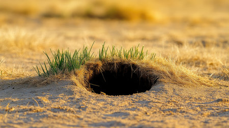 A natural burrow appears surrounded by green grass in a sandy landscape, depicting a serene wildlife habitat that showcases the beauty of nature's hidden creations.の素材