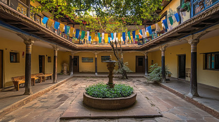 Explore a serene courtyard adorned with colorful prayer flags, lush greenery, and a charming fountain. A perfect space for relaxation and reflection.の素材