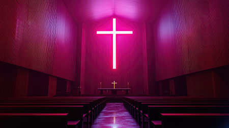 A tranquil interior view of a modern church featuring a large illuminated cross. The serene atmosphere invites reflection and spiritual connection.の素材