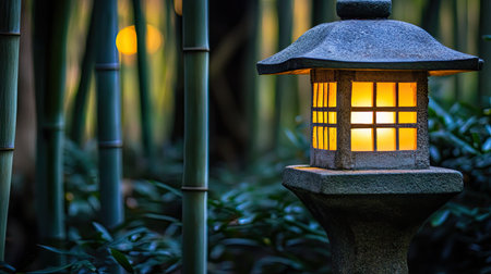 This serene image features a glowing Japanese lantern amidst a lush bamboo forest, creating a peaceful ambiance perfect for relaxation and meditation.の素材