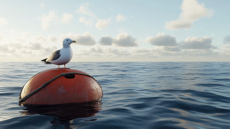 A serene seagull perched on a bright buoy floats in the calm ocean, framed by a beautiful sky filled with fluffy clouds. Perfect for nature lovers.の素材