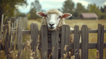 A curious sheep looks over a rustic wooden fence, creating a charming scene in the tranquil countryside. This image captures the essence of rural life and nature.の素材