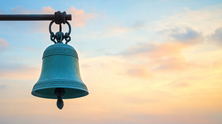 A vintage bell elegantly hangs against a stunning evening sky during sunset, showcasing beautiful colors and peaceful ambiance, perfect for serene themes.の素材
