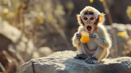 A young monkey sits on a rock, curiously enjoying an orange in a natural setting. This moment captures the innocence and playful nature of wildlife.の素材