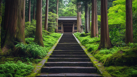 A tranquil pathway winding through a lush green forest, featuring stone steps leading to a traditional wooden structure. Ideal for showcasing peaceful landscapes.の素材