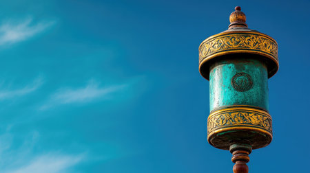 This image showcases a traditional colorful prayer wheel set against a vibrant blue sky, symbolizing spirituality and tranquility, perfect for cultural themes.の素材
