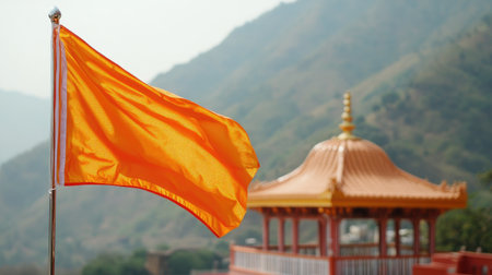 This image captures a vibrant orange flag fluttering near a golden temple, set against a serene mountain backdrop, embodying spiritual tranquility and cultural heritage.の素材
