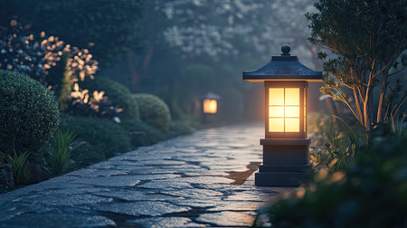 A serene garden path illuminated by glowing lanterns, creating a tranquil atmosphere surrounded by lush greenery and soft blooms. Perfect for relaxation.の素材