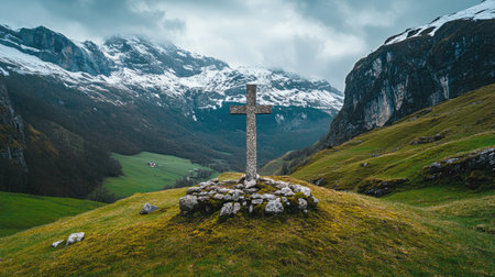A solitary stone cross stands on a grassy hill, framed by awe-inspiring mountains and lush valleys under a dramatic sky, evoking peace and reflection.の素材