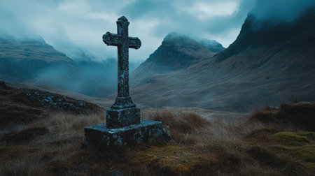 A weathered cross stands proudly amidst dramatic mountains shrouded in fog. This atmospheric scene captures the essence of solitude and remembrance in nature's beauty.の素材