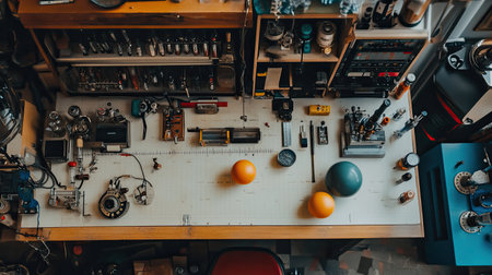 A vibrant overhead view of a workbench filled with vintage tools, equipment, and materials, showcasing an organized and creative workshop space ideal for craftsmanship.の素材