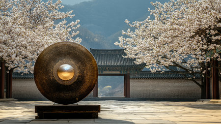 A tranquil setting featuring a large gong framed by blooming cherry trees, showcasing the harmony of nature and traditional architecture in springtime.の素材