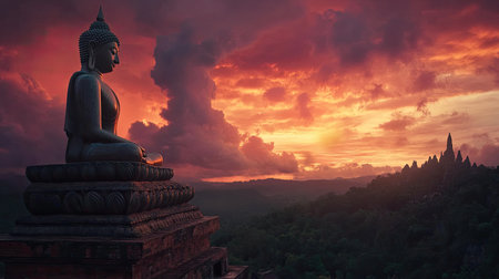 A tranquil Buddha statue sits against a stunning sunset, radiating peace and spirituality. This serene landscape evokes meditation and harmony in nature.の素材