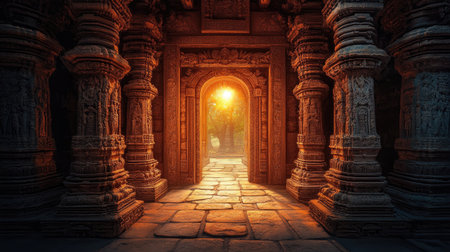 An enchanting view of an ancient temple with intricate stone carvings. Sunlight filters through the archway, creating a warm and inviting atmosphere.の素材