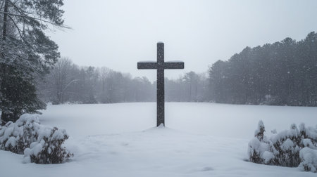 A serene snowy landscape featuring a solitary cross by a frozen lake, surrounded by tranquil trees and a gentle snowfall, capturing the essence of winter peace.の素材