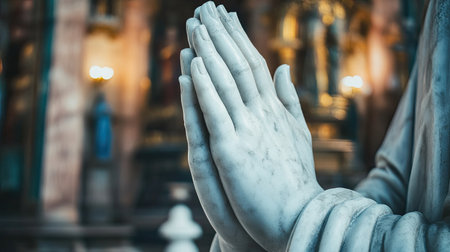 Close-up of intricately carved marble hands in a prayer position, set against a softly illuminated background, conveying peaceful spirituality and artistic beauty.の素材