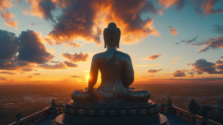 A majestic Buddha statue sits peacefully during a vibrant sunset, surrounded by clouds and showcasing a breathtaking landscape. Perfect for themes of spirituality and tranquility.の素材