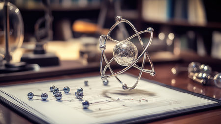 A detailed model of an atom showcasing electrons orbiting a nucleus on a desk in a laboratory. Ideal for educational and scientific themes.の素材
