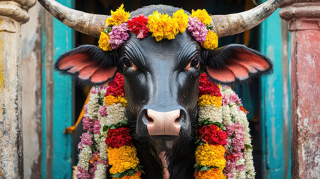 A striking portrait of a decorated bull adorned with vibrant flowers in a traditional rural setting, symbolizing cultural heritage and celebration.の素材
