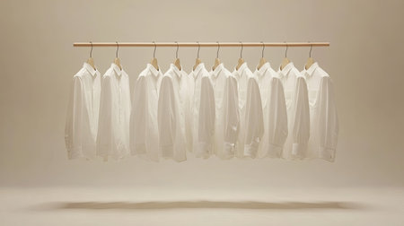 A collection of neatly arranged white dress shirts hanging from a wooden hanger, creating a minimalist and elegant visual appeal against a neutral backdrop.の素材
