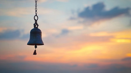 A stunning sunset backdrop highlights a single bell hanging gracefully against the sky. The scene emanates tranquility and beauty, inviting reflection.の素材