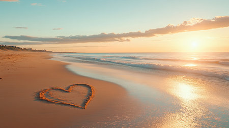 A beautiful beach scene featuring a heart shape drawn in the sand at sunset. The sun dips below the horizon, casting a warm glow on the tranquil waters.の素材