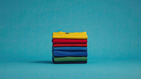 A neat stack of neatly arranged colorful t-shirts on a bright turquoise background. The image showcases vibrant colors ideal for fashion and retail display.の素材