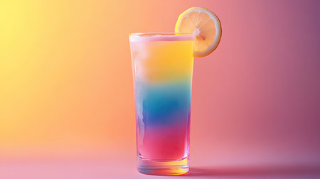 A vibrant, refreshing rainbow drink sits in a clear glass, garnished with a lemon slice. The colorful layers create a stunning visual effect, perfect for summer.の素材
