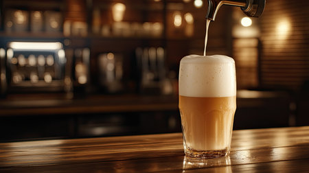 A close-up of cold beer being poured into a glass, showcasing the frothy foam and amber color. The modern bar background enhances the cozy atmosphere.の素材