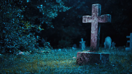 A haunting scene of a weathered stone cross standing alone in a dark cemetery. Surrounded by fading gravestones and overgrown grass, it evokes a sense of solitude and reflection.の素材
