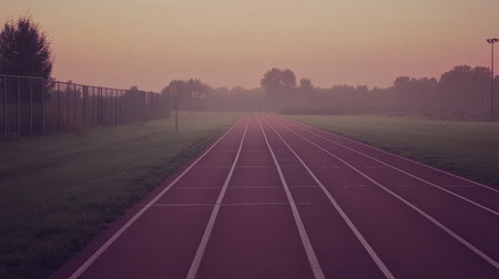 A peaceful view of an empty running track bathed in soft morning light, shrouded in mist, inviting fitness enthusiasts to embrace a tranquil workout session.の素材