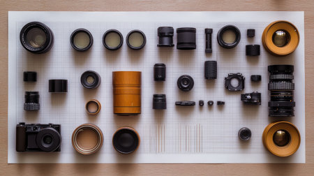 A detailed display of various photography equipment and lenses arranged artistically on a flat, textured surface. Ideal for photographers and creatives.の素材