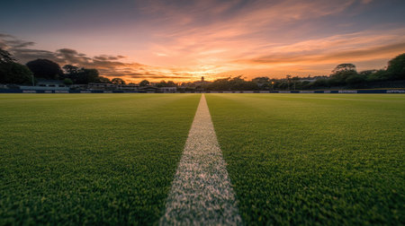 A captivating sunset casts a warm glow over a pristine green sports field. The serene scene invites reflection and evokes a sense of tranquility.の素材