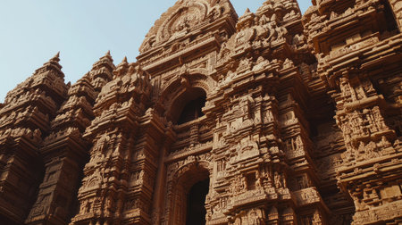 Captivating view of an ancient temple showcasing detailed stone carvings and intricate designs under a clear blue sky, reflecting cultural heritage and spirituality.の素材