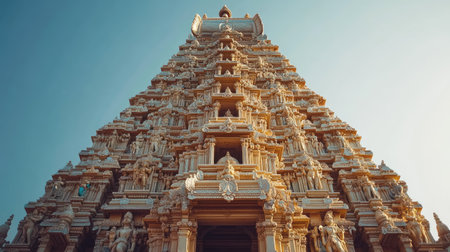 An impressive temple structure showcases intricate carvings and stunning design elements, surrounded by a clear blue sky, embodying architectural brilliance and cultural heritage.の素材