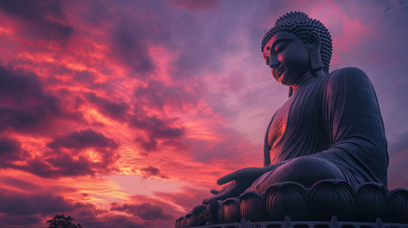 A majestic Buddha statue stands peacefully as a stunning sunset casts vibrant colors across the sky. This serene image evokes feelings of tranquility and spirituality.の素材