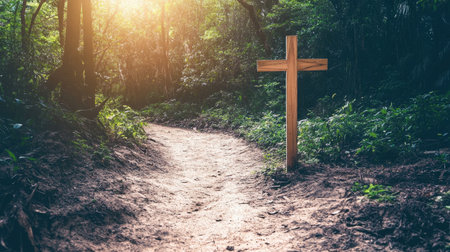 A tranquil wooden cross stands on a dirt pathway surrounded by lush greenery in a forest. Sunlight streams through the trees, creating a serene atmosphere.の素材