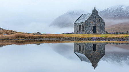A tranquil stone chapel stands alone by still water, creating a perfect reflection against mysterious mountains shrouded in fog, evoking peacefulness.の素材