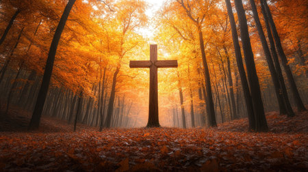 This captivating autumn scene features a tall wooden cross in the heart of a serene forest, surrounded by vibrant fall foliage and soft morning light.の素材