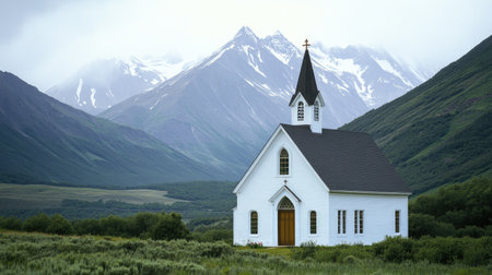 A serene white church stands in a lush valley, framed by majestic snow-capped mountains. The tranquil scene captures the beauty of nature and architecture.の素材