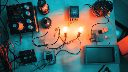 A captivating flatlay of vintage electronic equipment featuring light bulbs, wires, and connectors, showcasing a unique blend of retro technology and creativity.の素材