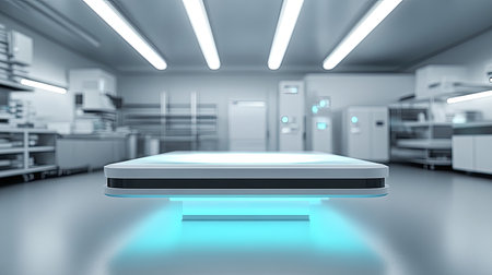 A sleek modern laboratory table illuminated by soft lighting, set in a clean and sterile environment, perfect for showcasing scientific innovation and technology.の素材