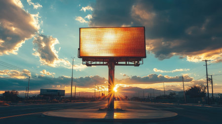 A stunning sunset scene captures an empty billboard against a colorful sky, featuring dramatic clouds and a serene landscape. Ideal for travel themes.の素材